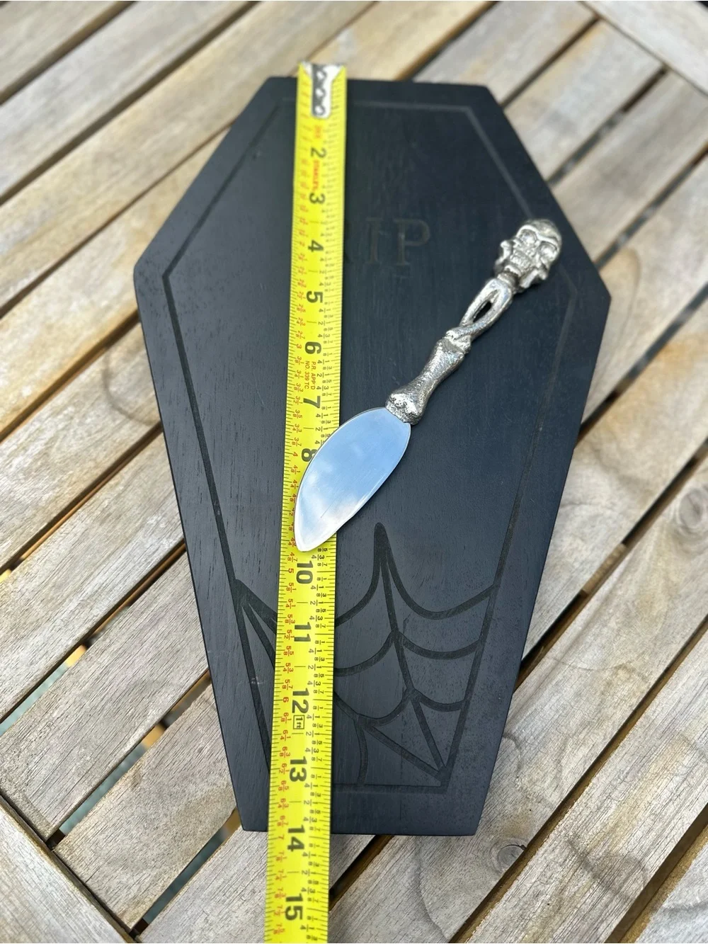 Halloween Black Coffin Serving Board with Silver Skull Spreader